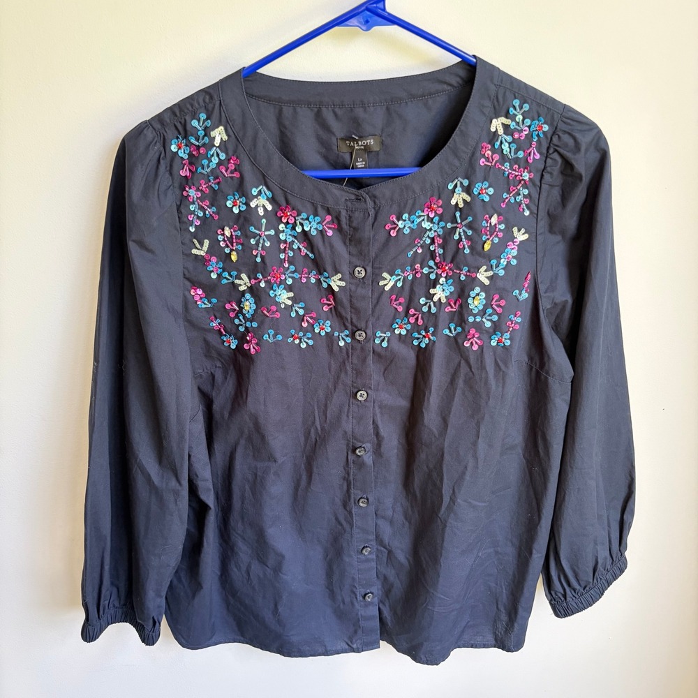 Talbots Blouse Large Petite Boho Navy Blue Sequin Floral Beaded Cotton Top LP